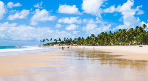 ein Strand mit Palmen und Menschen, die darauf spazieren gehen in der Unterkunft HOME SERVICE MAR & SOL in Porto De Galinhas