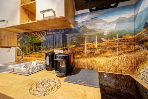 a kitchen counter with a coffee maker and a painting on the wall at Sauna-balia-Apartamenty Góraleczka II- w wakacje w każdą środę i czwartek gorąca balia GRATIS in Czarna Góra