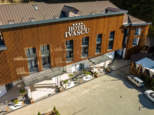 an overhead view of a hotel with a sign on it at Hotel Ivascu in Moisei
