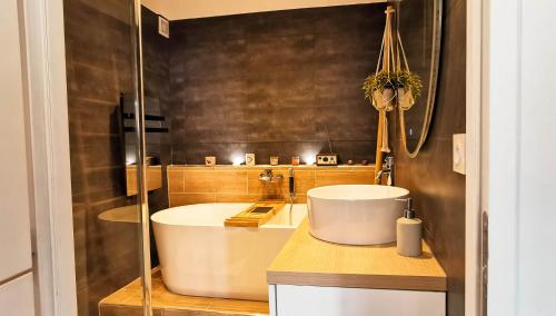 La salle de bains est pourvue d'une grande baignoire et d'un lavabo. dans l'établissement LE COQUET - Gare - Hyper centre - Parking - Wifi - Netflix - Disney+, à Annecy