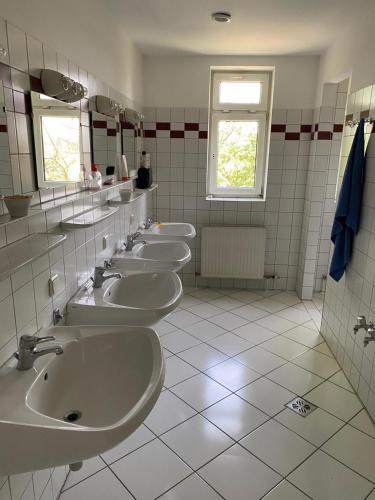 Baño con una fila de lavabos y espejos en Arbeiterwohnheim Workers Dormitory Graz, en Graz