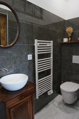 W łazience znajduje się umywalka, toaleta i lustro. w obiekcie gîte du tourneur studio au cœur de saint cirq w mieście Saint-Cirq-Lapopie