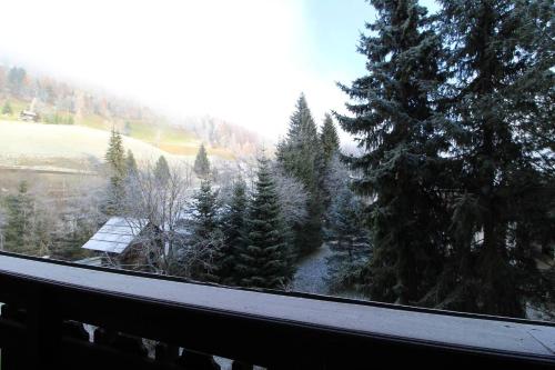 a view of a snow covered forest from a window at Enzian 14 - Schmuckstück von Bad Kleinkirchheim in Bad Kleinkirchheim