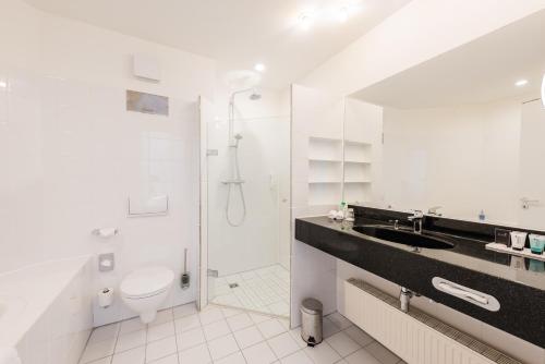 a bathroom with a toilet sink and a shower at Hotel Alte Werft in Papenburg