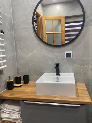 a bathroom with a white sink and a mirror at Babie Domki in Zawoja