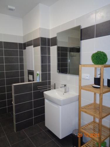 ein Badezimmer mit einem Waschbecken, einem WC und einem Spiegel in der Unterkunft Apartmán Katka in Frymburk