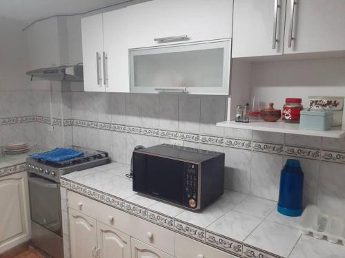 eine Küche mit einer Mikrowelle auf der Theke in der Unterkunft Hospedaje San Isidro in Lima
