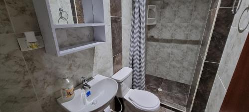a bathroom with a toilet and a sink at Apartaestudio acogedor cerca al Estadio Metropolitano in Barranquilla