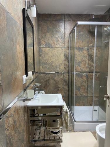 a bathroom with a sink and a shower at Hermoso Loft en pleno centro de Neuquen in Neuquén