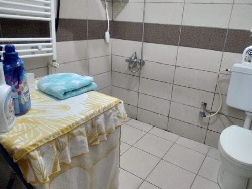 baño con aseo y mesa con toallas en Acan Apart günlük kiralık ev daire Ürgüp, en Mustafapaşa
