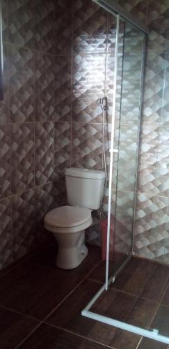 a bathroom with a toilet and a glass shower at Recanto do Leão in Alagoa