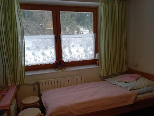 ザコパネにあるPokoje goscinne na Gasienicowym Potokuの小さなベッドルーム(ベッド1台、窓付)
