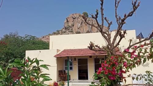 a house with a mountain in the background at Jawai Balwant villas in Bijāpur
