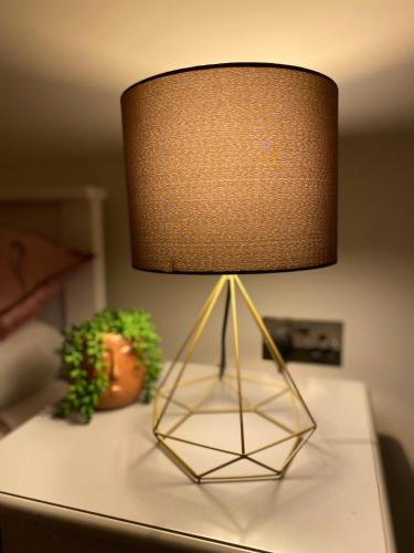 a lamp sitting on top of a table with a plant at Lovely 3 bed with jacuzzi, close to airport, driveway, wifi in Edinburgh