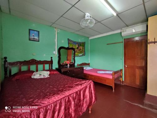 a bedroom with a red bed and green walls at Casa Krisdalia in Moyogalpa