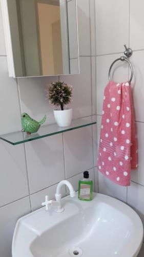 a bathroom sink with a pink towel and a mirror at Apartamento TOP CLIMATIZADO em CRICIÚMA-SC - ótimo CUSTO-BENEFÍCIO - Cozinha completa - Cama Box - WiFI - Smart TV - Apps YouTube - NetFlix - Prime Vídeo - Garagem coberta - Portaria Digital 24h - Lugar sossegado e arborizado - Acomoda até 5 pessoas in Criciúma