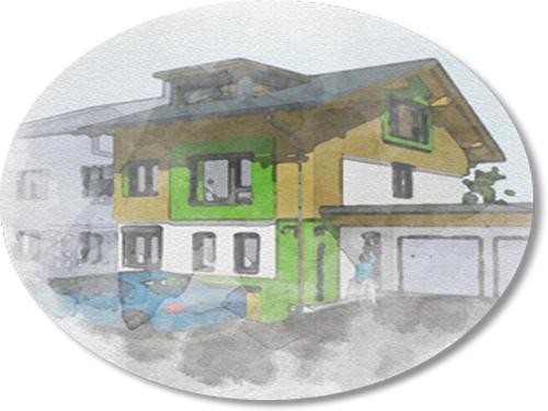 a drawing of a house with a person in front of it at Ferienhaus Birkenweg Oberstdorf in Oberstdorf