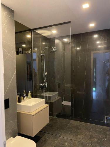 a bathroom with a sink and a shower at Studio Cuzino 106 Pipera in Voluntari