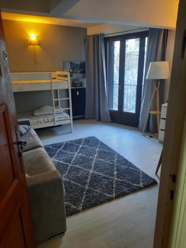 ein Wohnzimmer mit einem Sofa und einem Teppich in der Unterkunft Studio rénové au cœur du village in Saint-Martin-Vésubie