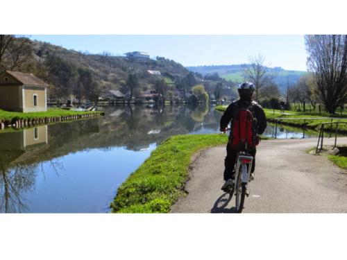 a man riding a bike down a path next to a river at La Croix au Maitre in Coulanges-la-Vineuse