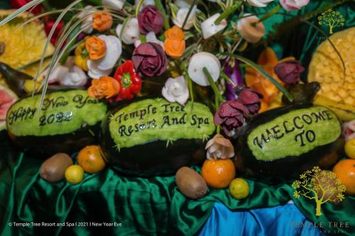a display of fruit and vegetables on a table at Temple Tree Resort & Spa, Pokhara in Pokhara