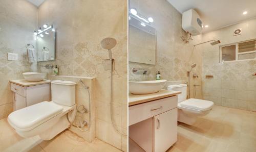 two pictures of a bathroom with a toilet and a sink at Treebo G K Residency Near Dehradun Railway Station in Dehradun