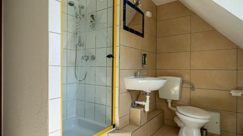 a bathroom with a shower and a toilet and a sink at Murphy's Zimmer und Apartments in Bad Suderode