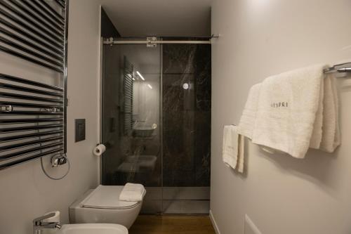 巴勒摩的住宿－Vespri Apartments，一间带卫生间和玻璃淋浴间的浴室