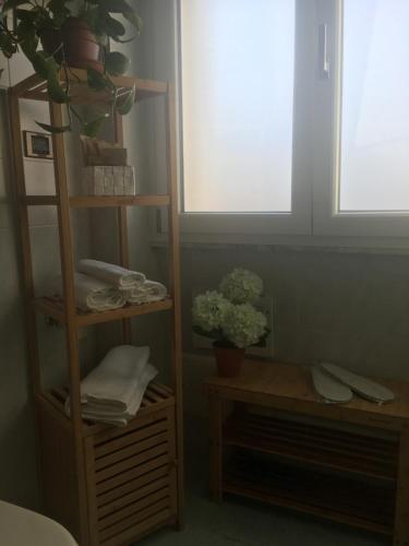 una habitación con un estante con toallas y una planta en Casale 2020 en Bríndisi