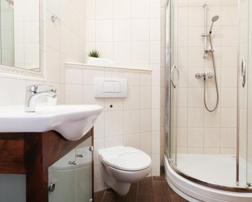 La salle de bains est pourvue de toilettes, d'un lavabo et d'une douche. dans l'établissement Apartament Korona Królów Świnoujście, à Świnoujście