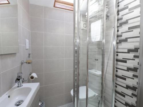 a bathroom with a shower and a toilet and a sink at Clock cottage in Conwy