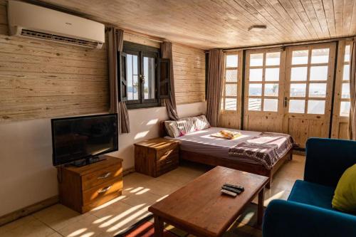 uma sala de estar com uma cama e uma televisão em Station House em Dahab