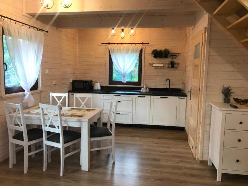 a kitchen with a table and chairs in a room at „ Lawendowy zakątek”/„Lavender cottage” in Żywiec in Żywiec