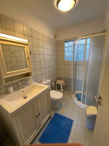 a bathroom with a sink and a toilet and a shower at Stay Salty - Two Different Houses in Marathi