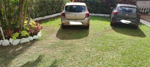 two cars parked on the grass in a yard at Edelweis in Sainte-Luce