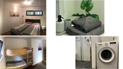 un collage de fotos de un dormitorio y un baño en Ferienwohnung Haid Bodensee, Umgebung Bodman-Ludwigshafen, Radolfzell, Überlingen, Luxus FeWo Haid en Stockach