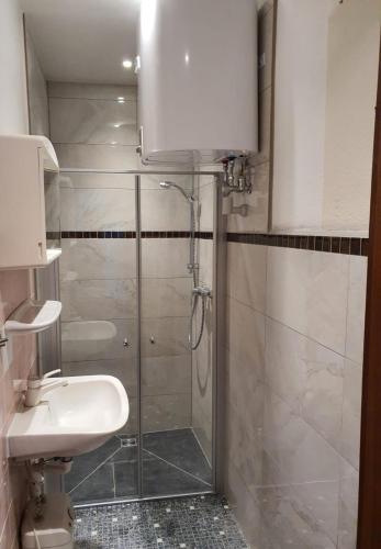 a bathroom with a shower and a sink and a toilet at Ferienwohnung Abendsünn in Nordstrand