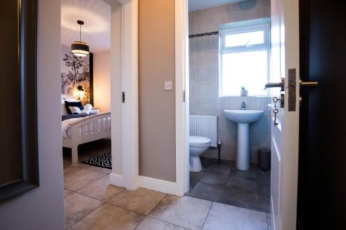 a bathroom with a toilet and a sink at Cannon Cottage in St John's Point