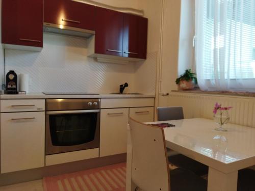 cocina con mesa y fogones horno superior en Apartma JERMAN - Cerknica, en Cerknica