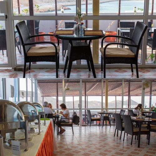 two pictures of a restaurant with tables and chairs at Al Ayjah Plaza Hotel in Sur