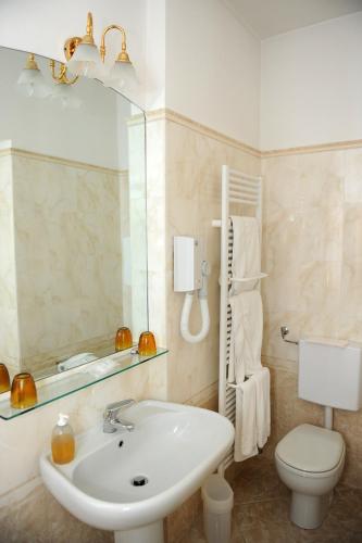 a bathroom with a sink and a toilet and a mirror at Hotel Acqui & Centro Benessere in Acqui Terme