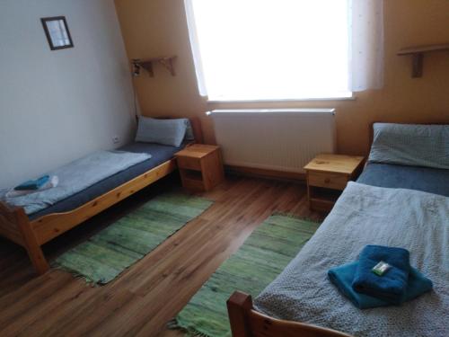 a small room with two beds and a window at Penzion Olga in Mariánské Lázně
