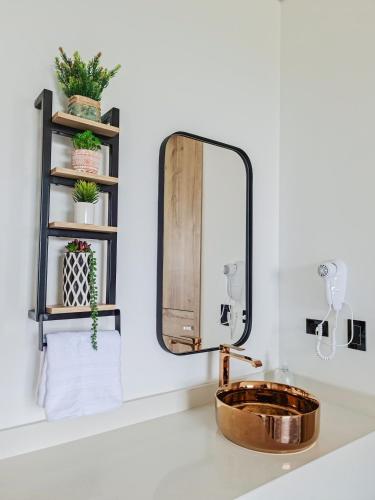 a bathroom with a copper sink and a mirror at Hotel Arbóreo Doradal in Doradal