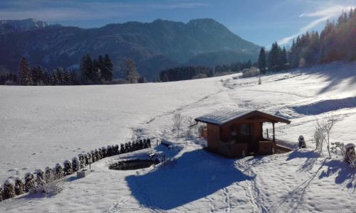 a small cabin in the snow on a mountain at Ferienwohnungen Fahringer Diana in Kössen