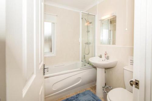 a bathroom with a sink and a toilet and a shower at Wendy Lodge- Chalet Cottage in Padstow