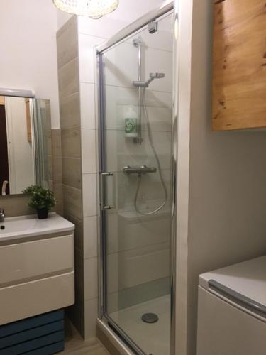 une douche avec une porte vitrée dans une salle de bain dans l'établissement Le Hygge, à Saint-Malo