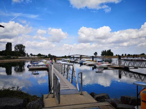 a dock with boats docked in the water at Le Nichoir Lac du Der in Droyes