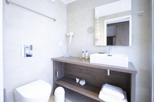 une salle de bain avec un lavabo, des toilettes et un miroir dans l'établissement Studio Alon Ideal pour vos vacances ou sejours pros, à Saint-Cyr-sur-Mer