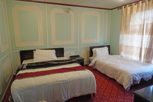 two beds in a room with green walls at Hotel Dewanekhas Skardu in Skardu