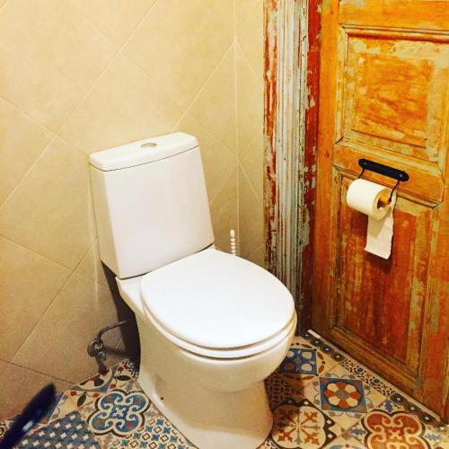 a bathroom with a white toilet in a room at Dzveli Galavani -Old Wall in Tʼelavi